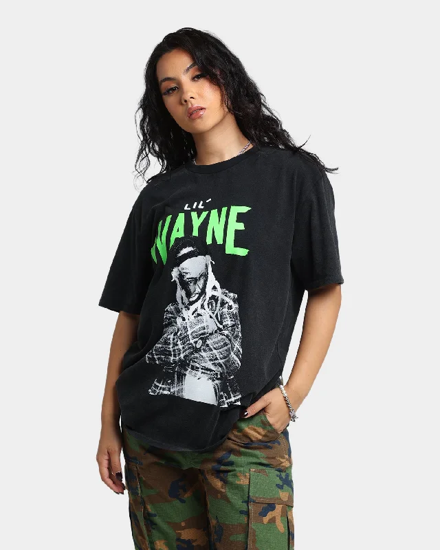 Lil Wayne Green Tour T-Shirt Washed Black Print Jacquard Patchwork