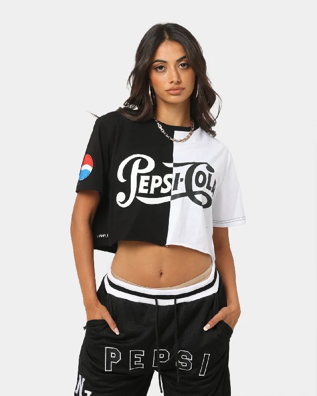 Nana Judy Women's Pepsi Crop Split T-Shirt Black/White Denim Fabric Leather Fabric Suede Fabric