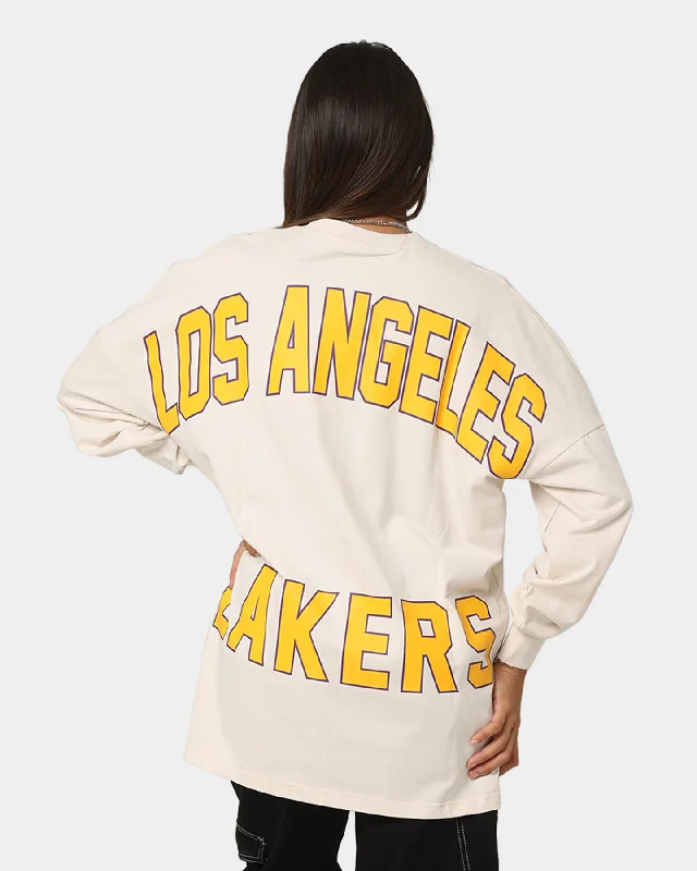 Mitchell & Ness Women's Los Angles Lakers NBA Haro Long Sleeve T-Shirt Faded White Denim Fabric Leather Fabric Suede Fabric