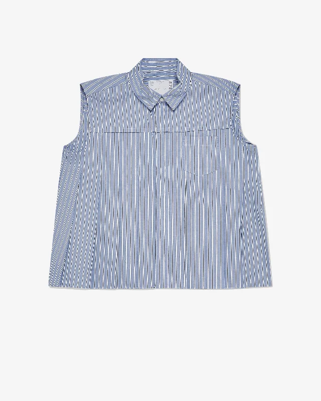 Sacai - Women's Sleeveless Pleated Shirt - (Blue Stripe) Embroidered Appliqued Beaded