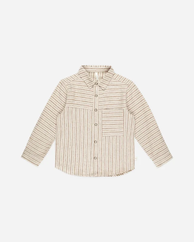 Walker Overshirt || Saddle Pinstripe V-Neck T-Shirt Long Sleeve Cotton