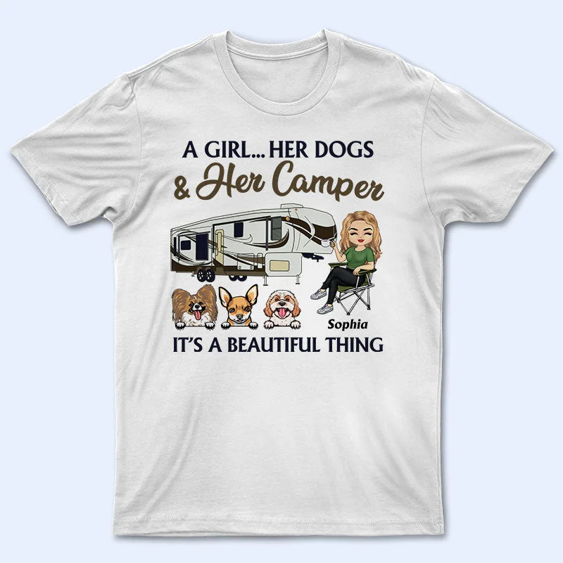 A Girl Her Dog & Her Camper - Camping Gift - Personalized Custom T Shirt Satin Blend Silk Blend Wool Blend