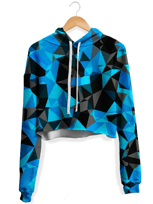 Blue and Black Geo Fleece Crop Hoodie Hoodie with Hem Embroidery Detailed Premium