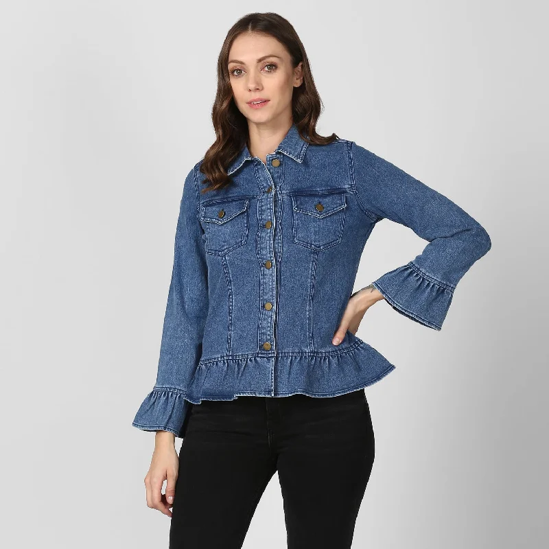 Women's Blue Denim Peplum Style Jacket - StyleStone Toggled Jacket Drawstring Jacket Belted Jacket