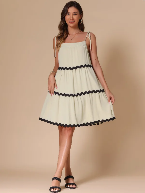 Spaghetti Strap Pocketed Contrast Trim Tiered A-Line Dress Tunics Favorite customer