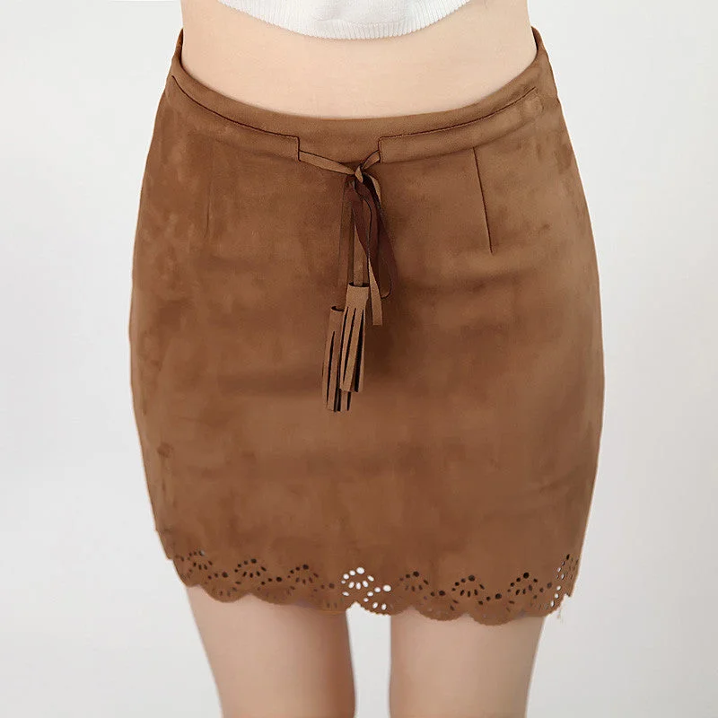 bodycon soft Suede Skirt Ethnic Style retro Hollow Out High Waist Skirts with Sashes Retro silk skirt lustrous