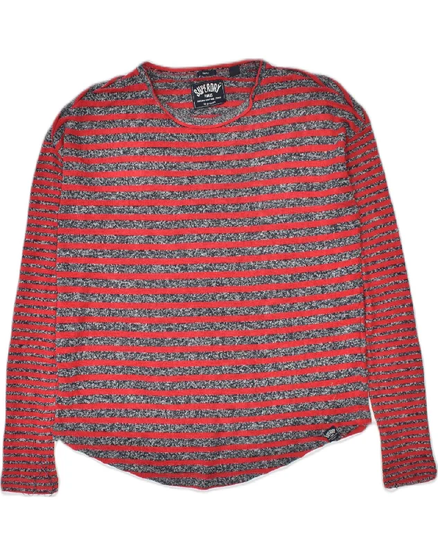 SUPERDRY Womens Paris Crew Neck Jumper Sweater UK 8 Small Red Striped Zippered Buttoned Snapped