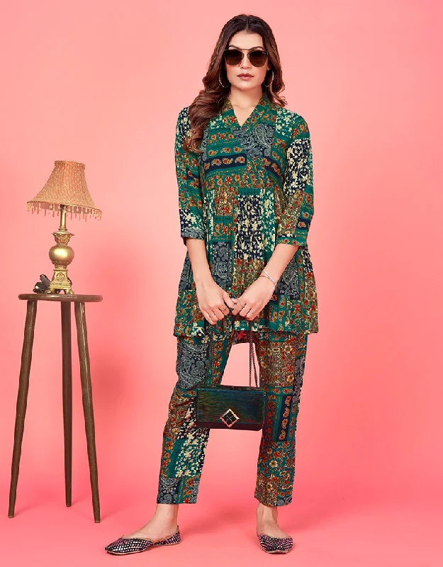 Trendy Party Wear Readymade Co-Ords Collection Green Premium Riyon Pant Suit Stylish Paperbag Waist Pants