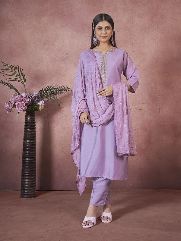 Lavendar Attractive Looking Readymade Pant Suit With Designer Embroidery Work Comfortable Pleated Pants