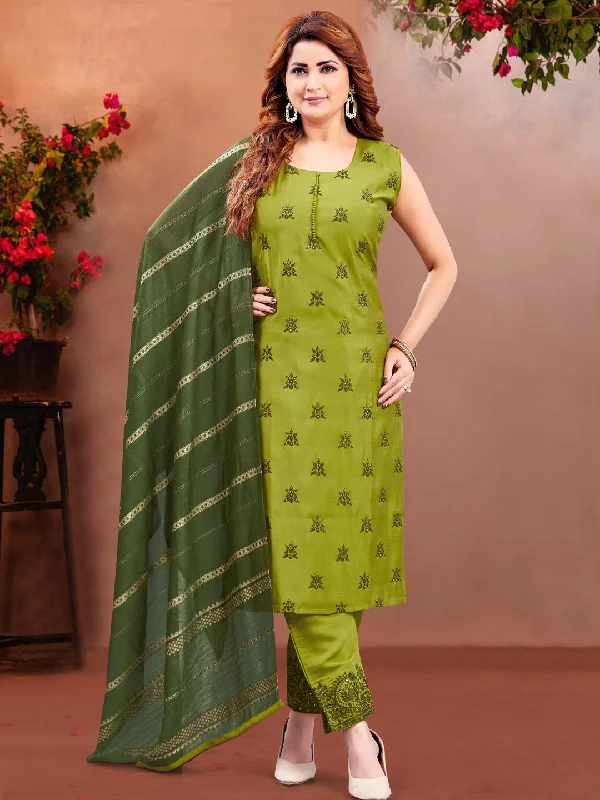 Mehendi Green Trendy Designer Readymade Pant Suit With Embroidery Work Relaxed Linen Pants