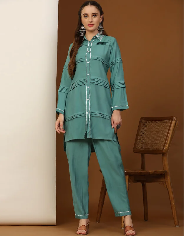 Designer Party Wear Readymade Co-Ords Sets Colletion Green Silk Pant Suit Cozy Knit Pants