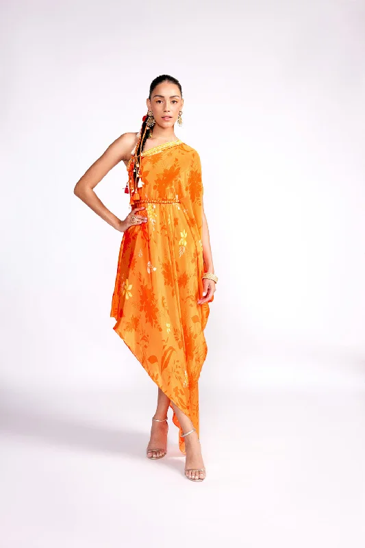 Tangerine Orange One Shoulder Kaftan Dress Tunics Lace romantic