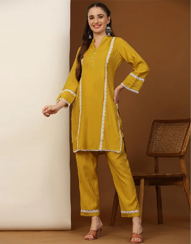 Designer Party Wear Readymade Co-Ords Sets Colletion Yellow Silk Pant Suit Wide-Legged Palazzos