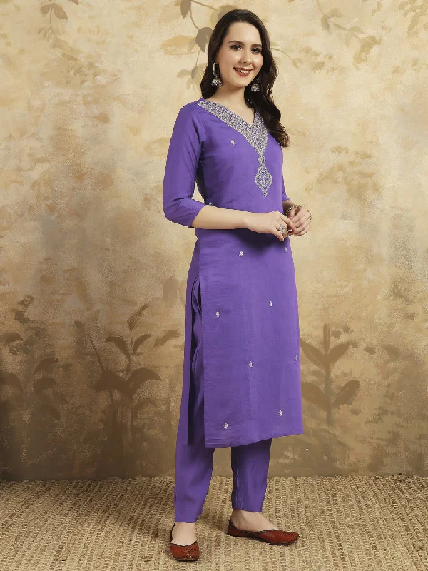 Lavender Designer Looking Readymade Pant Suit With Embroidery Work Casual Plaid Pants