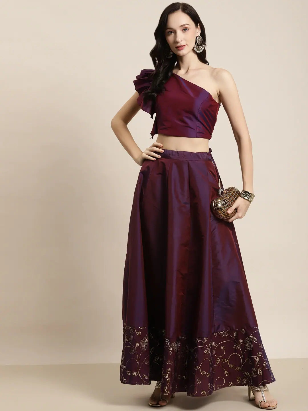 Purple Paisely Foil Border Anarkali Skirt belted skirt waist