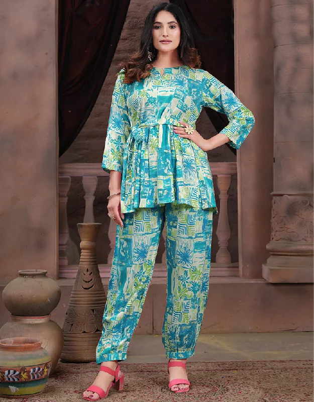 Trendy Party Wear Readymade Co-Ords Collection Ball Blue Premium Rayon Pant Suit Trendy Wide-Legged Trousers