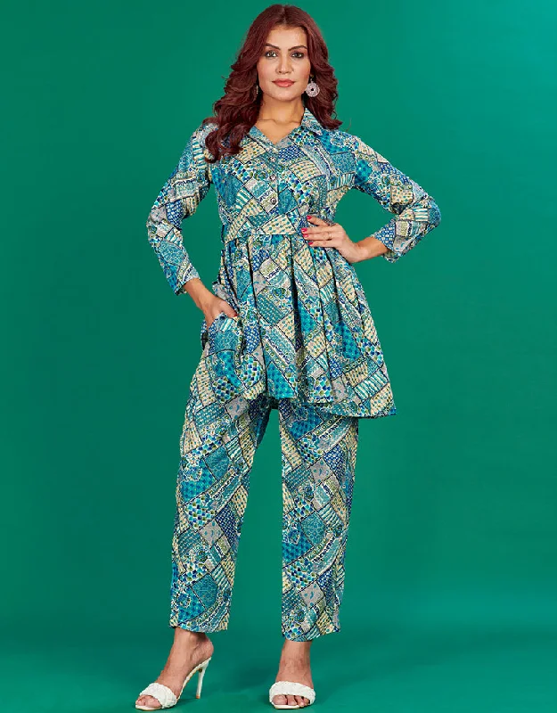 Trendy Function Wear Cotton Top With Pent Co-Ord Set Collection Eastern Blue Cotton Pant Suit Formal Linen Trousers