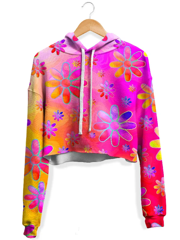 Hippie Trippy Flowers Fleece Crop Hoodie Hoodie with Monochrome Minimalist Simple