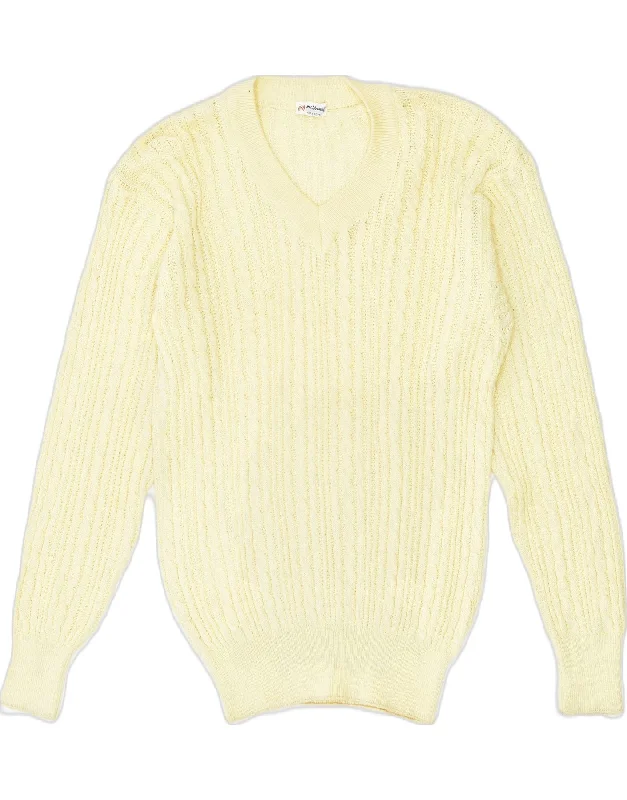 VINTAGE Womens V-Neck Jumper Sweater IT 48 Large Yellow Cotton Nylon Fabric Polyester Fabric Spandex Fabric