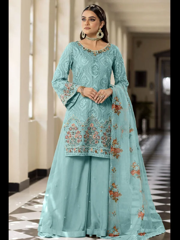 Aqua Blue Designer Heavy Semi-Stitched Pant Suit With Embroidery Work Modern Skinny Pants