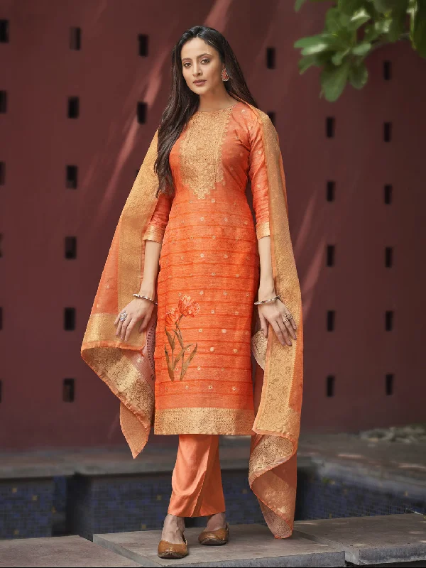 Orange Traditional Designer Semi-Stitched Chanderi Jacquard Pant Suit With Digital Printed Work Fashionable Button-Up Pants