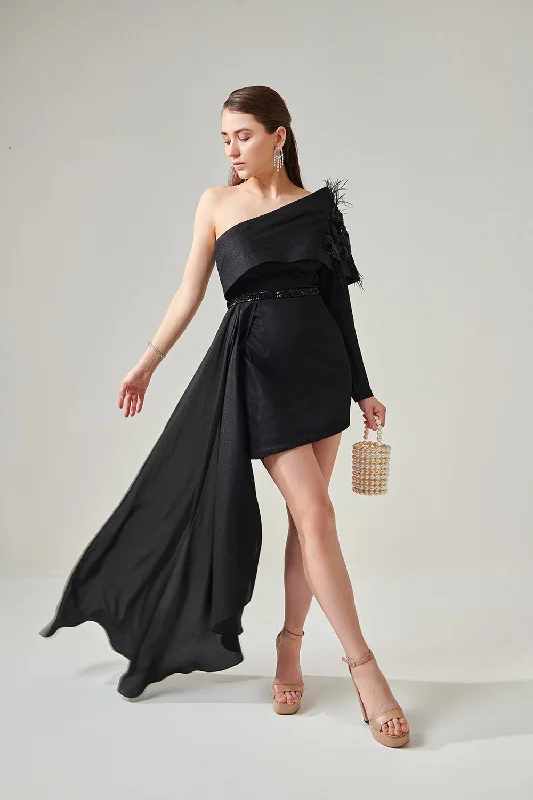 Black One Shoulder Power Drape Dress With Side Train And Detachable Belt Tunics Sale discount