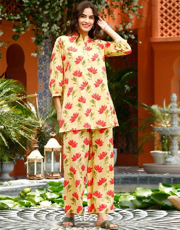 Contemporary Yellow Cotton Blend Beautiful Readymade Co-Ord Top With Bottom Set Suit Design Pant Soft Stretch Pants