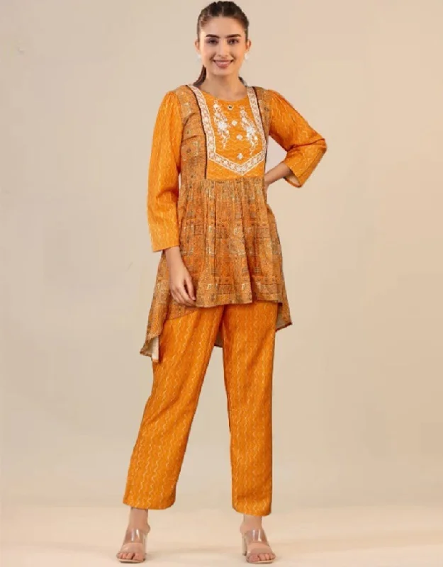 Elegant Mustard Cotton Designer Party Wear Fancy Readymade Kurta With Paint Suit Design Pant Stylish Slim Trousers