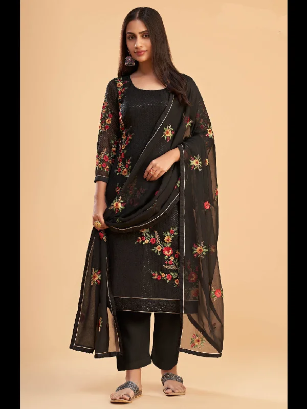 Black Designer Heavy Semi-Stitched Pant Suit With Embroidery Work High-Waist Trousers