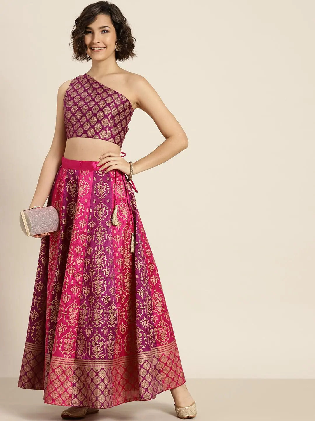 Fuchsia & Purple Foil Print Anarkali Skirt high slit skirt