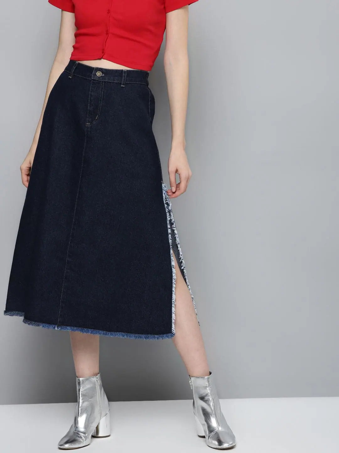 Navy Denim Asymmetrical Skirt high waist skirt