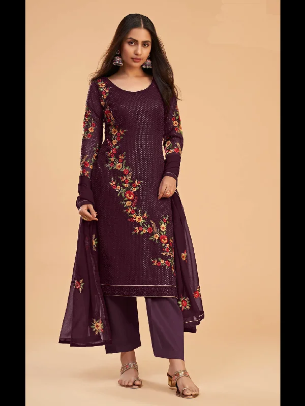 Wine Designer Heavy Semi-Stitched Pant Suit With Embroidery Work Elegant Dress Pants