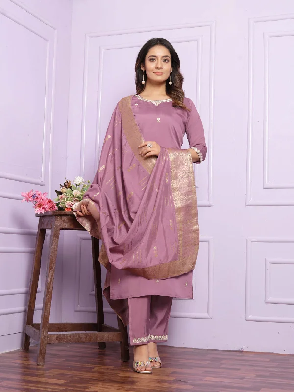 Pastel Purple Designer Party Wear Readymade Pant Suit With Embroidery Work Casual Track Pants