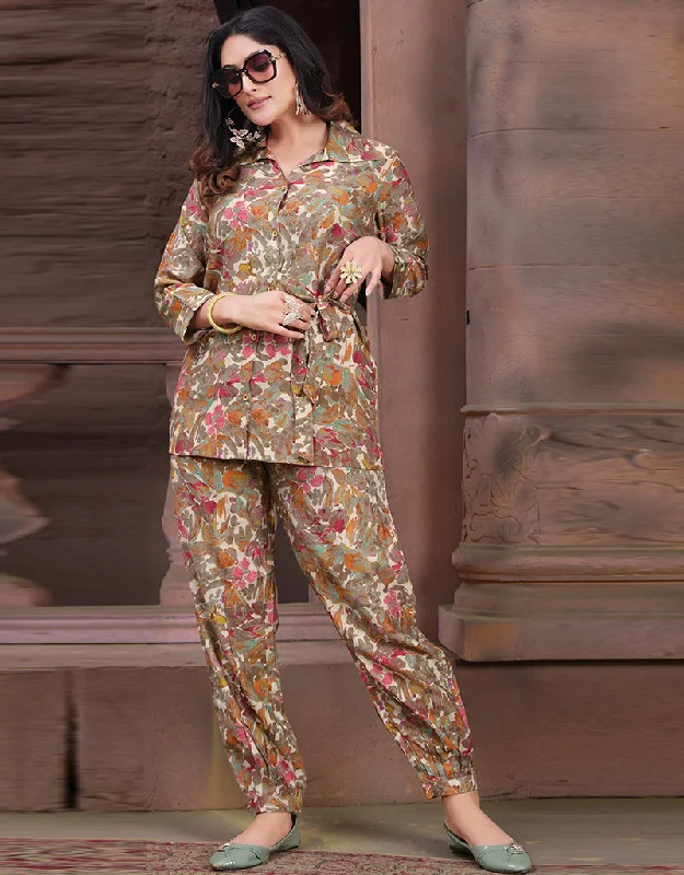 Trendy Party Wear Readymade Co-Ords Collection Brown Premium Chanderi Pant Suit Cozy Fitted Pants