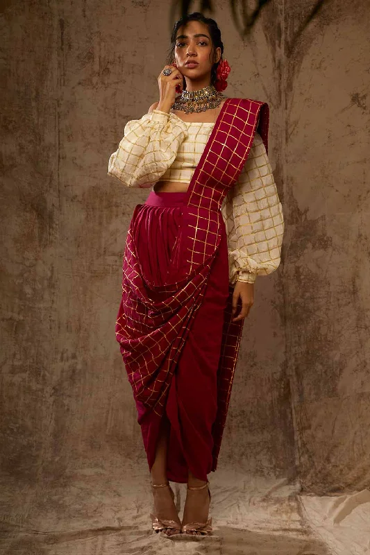 Block Printed Checkered Saree Skirt Set leather skirt modern