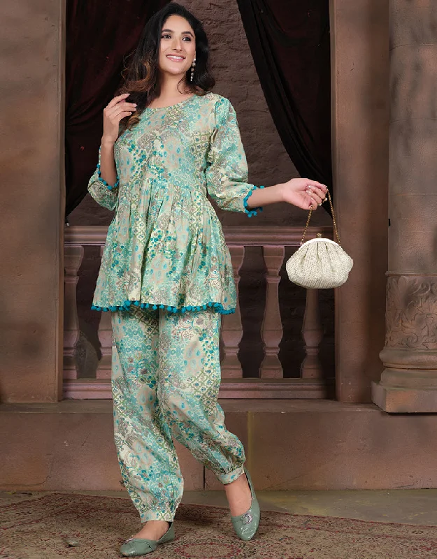 Trendy Party Wear Readymade Co-Ords Collection Fountain Blue Premium Chanderi Pant Suit Classic Straight Pants