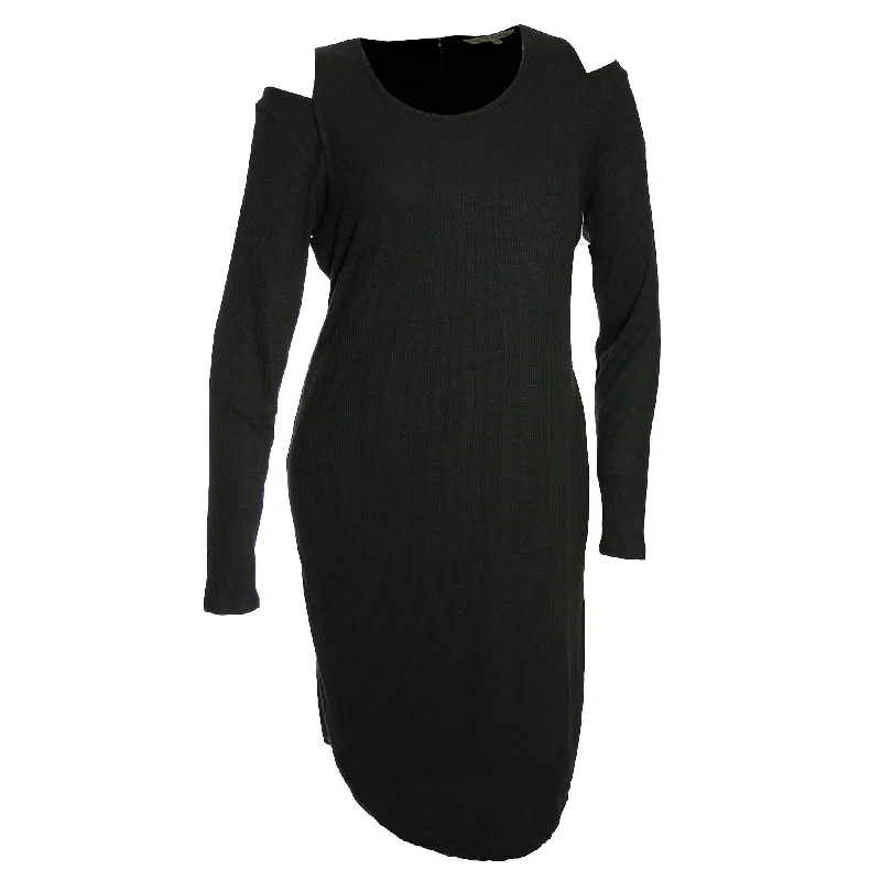 Rachel Roy Black Long Sleeve Cold Shoulder Ribbed-Knit Dress Tunics Essential wardrobe