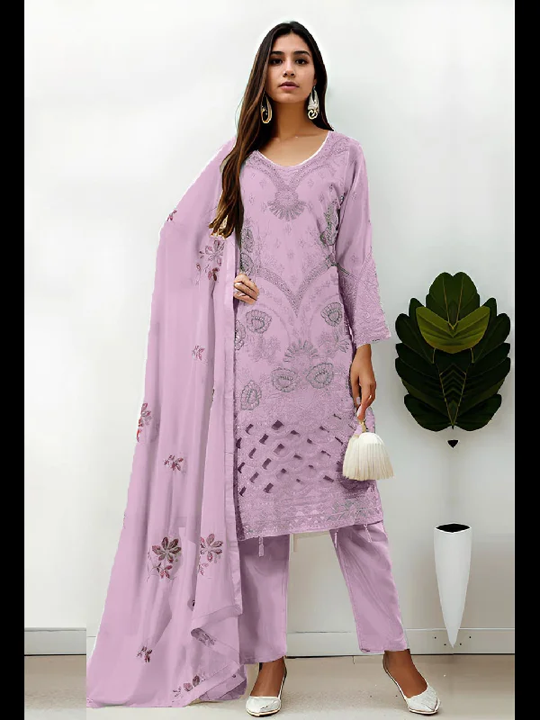 Lavender Designer Eid Special Pant Suit With Embroidery Work Soft Sweatpants Style