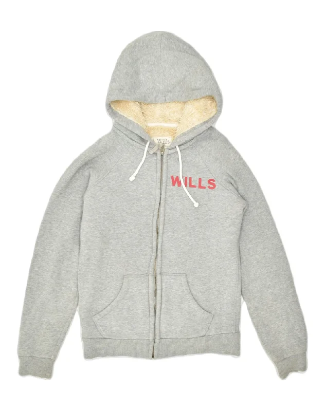 JACK WILLS Womens Graphic Sherpa Zip Hoodie Sweater UK 10 Small Grey Slim Fit Regular Fit Oversized