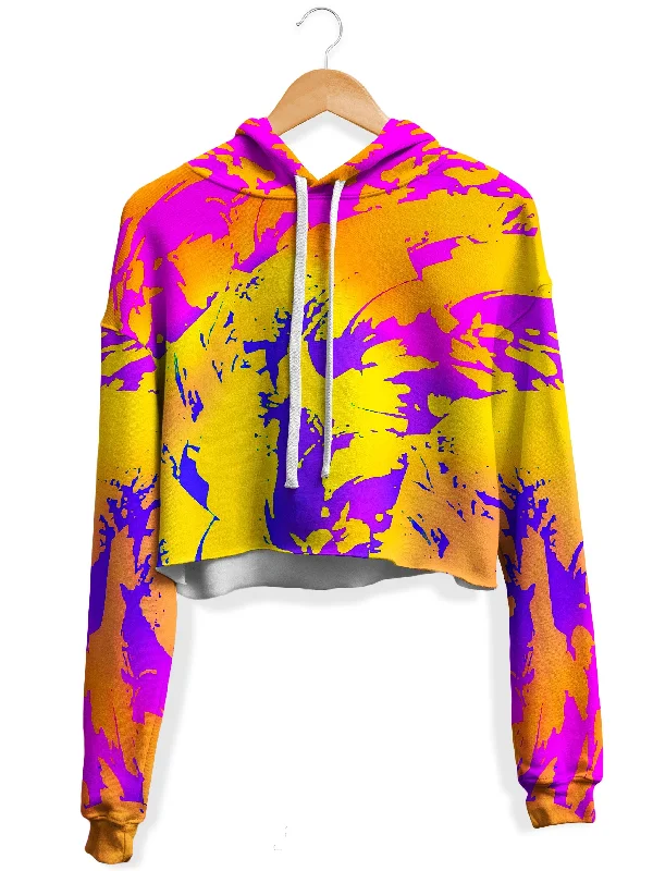 Tropical Ombre Paint Splatter Graffiti Fleece Crop Hoodie Hoodie with Side Slits Relaxed Casual