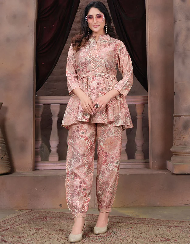 Trendy Party Wear Readymade Co-Ords Collection Dusty Pink Premium Chanderi Pant Suit Comfortable Jogging Pants