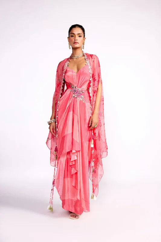 Watermelon Pink Drape Dress With Cape Set Tunics Mesh breathable