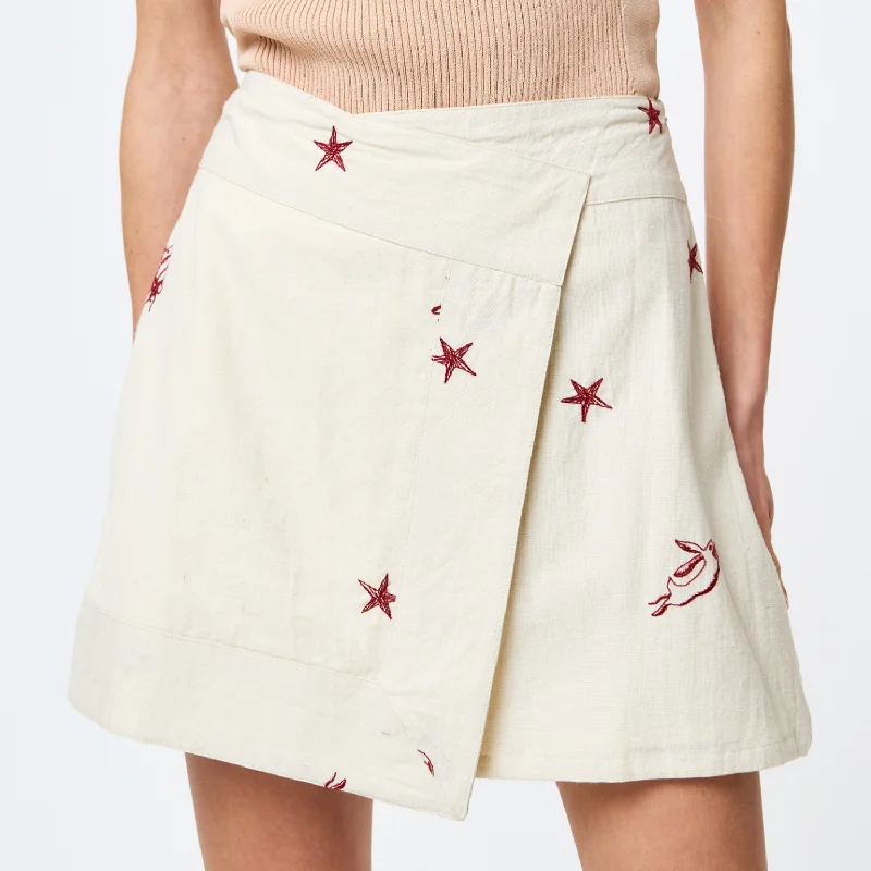 Sabo Park Life Embroidered Faux Wrap Skirt linen skirt breathable