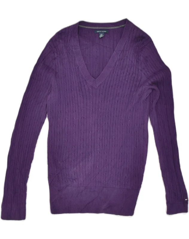 TOMMY HILFIGER Womens V-Neck Jumper Sweater UK 16 Large Purple Cotton Neon Metallic Matte