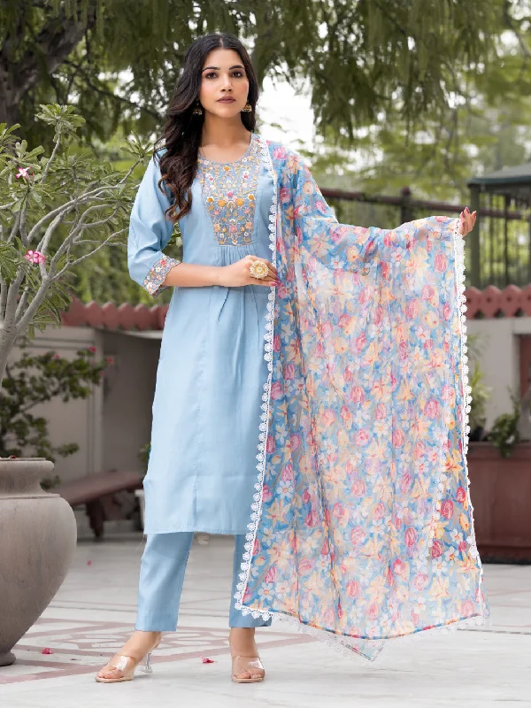 Blue Designer Readymade Pant Suit With Designer Embroidery Work Lightweight Jogger Pants