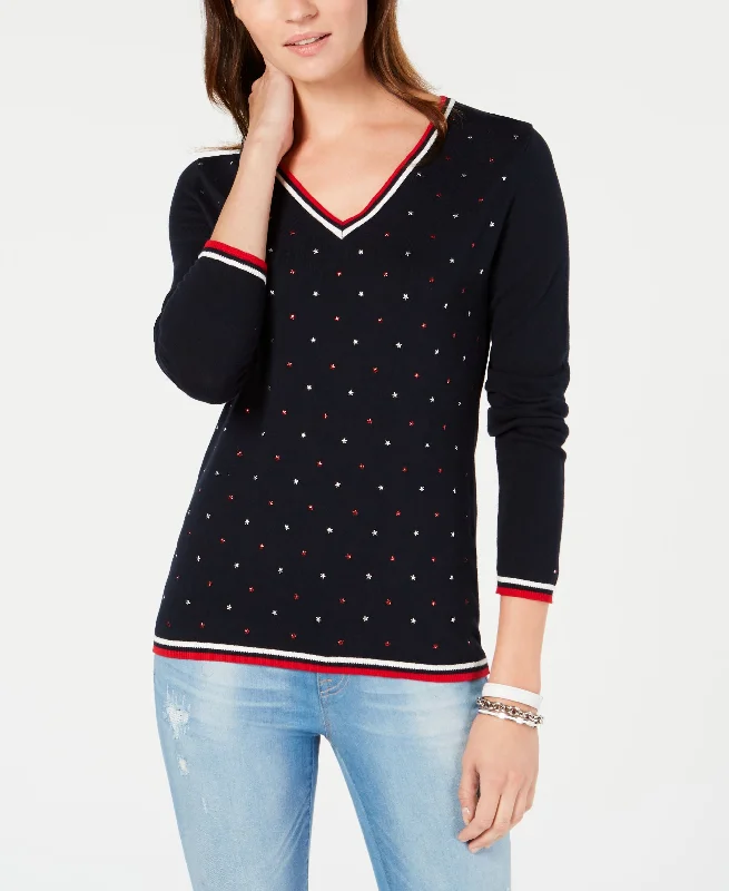 Tommy Hilfiger Cotton Star Embellishment V Neck Sweater Modern Contemporary Chic