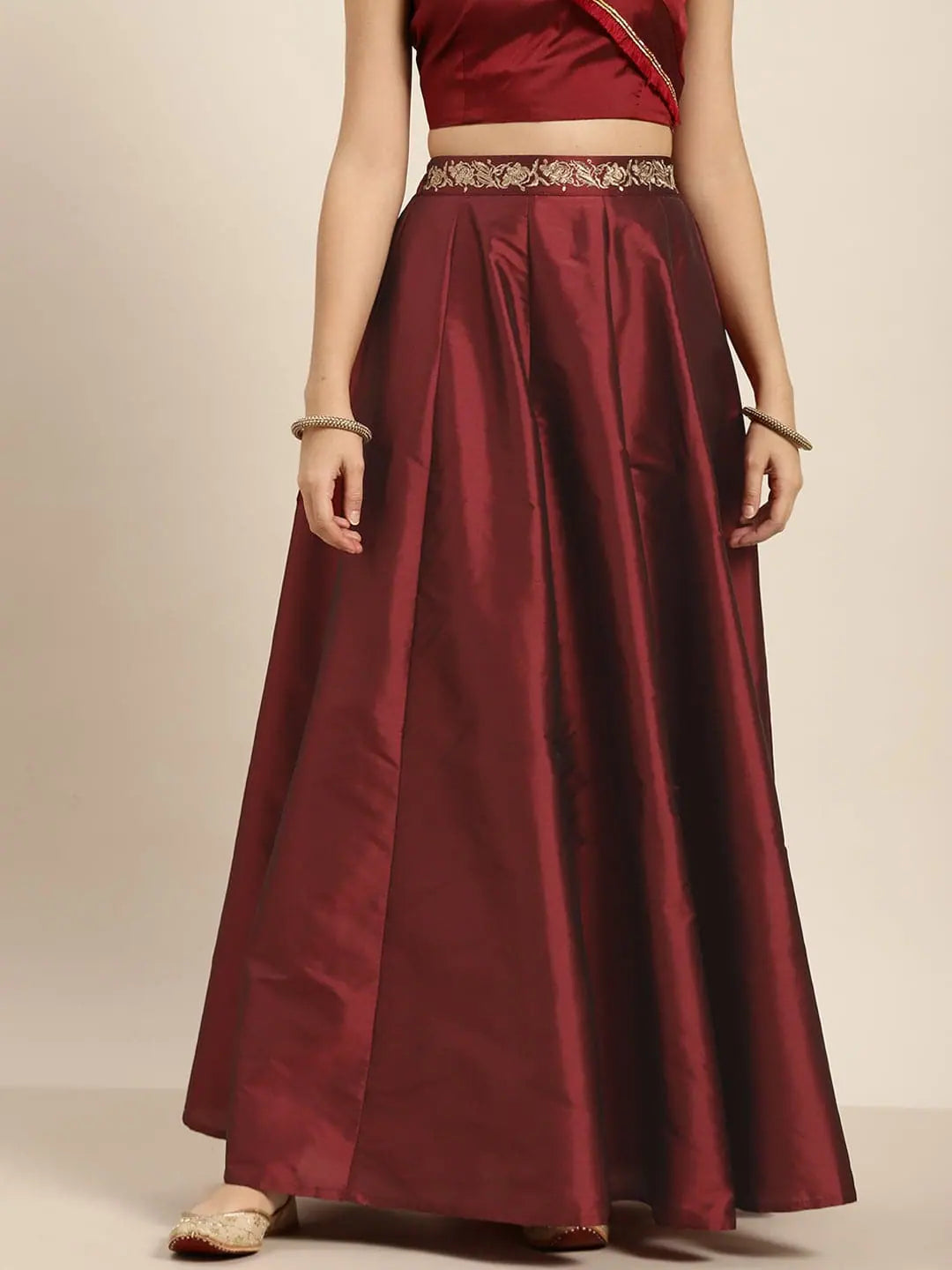 Maroon Embroidered Waistband Anarkali Skirt elastic waist skirt