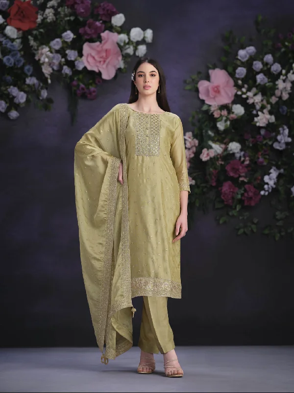 Beige Designer Semi-Stitched Pant Suit With Embroidery Work Chic Wool Trousers