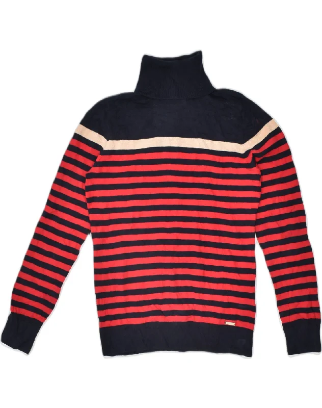 TOMMY HILFIGER Womens Roll Neck Jumper Sweater UK 10 Small Red Striped Slim Fit Regular Fit Oversized