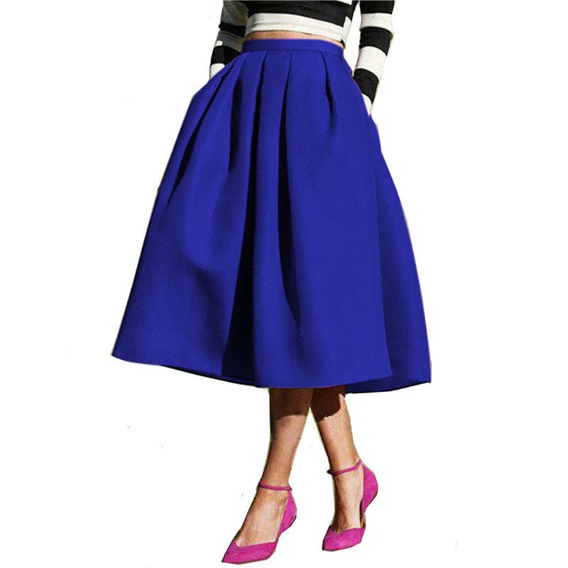 A Line Flare Pleated Fashion Street Style Women's Solid Plain Casual Vintage Elegant Pockets Midi Skirt silk skirt lustrous